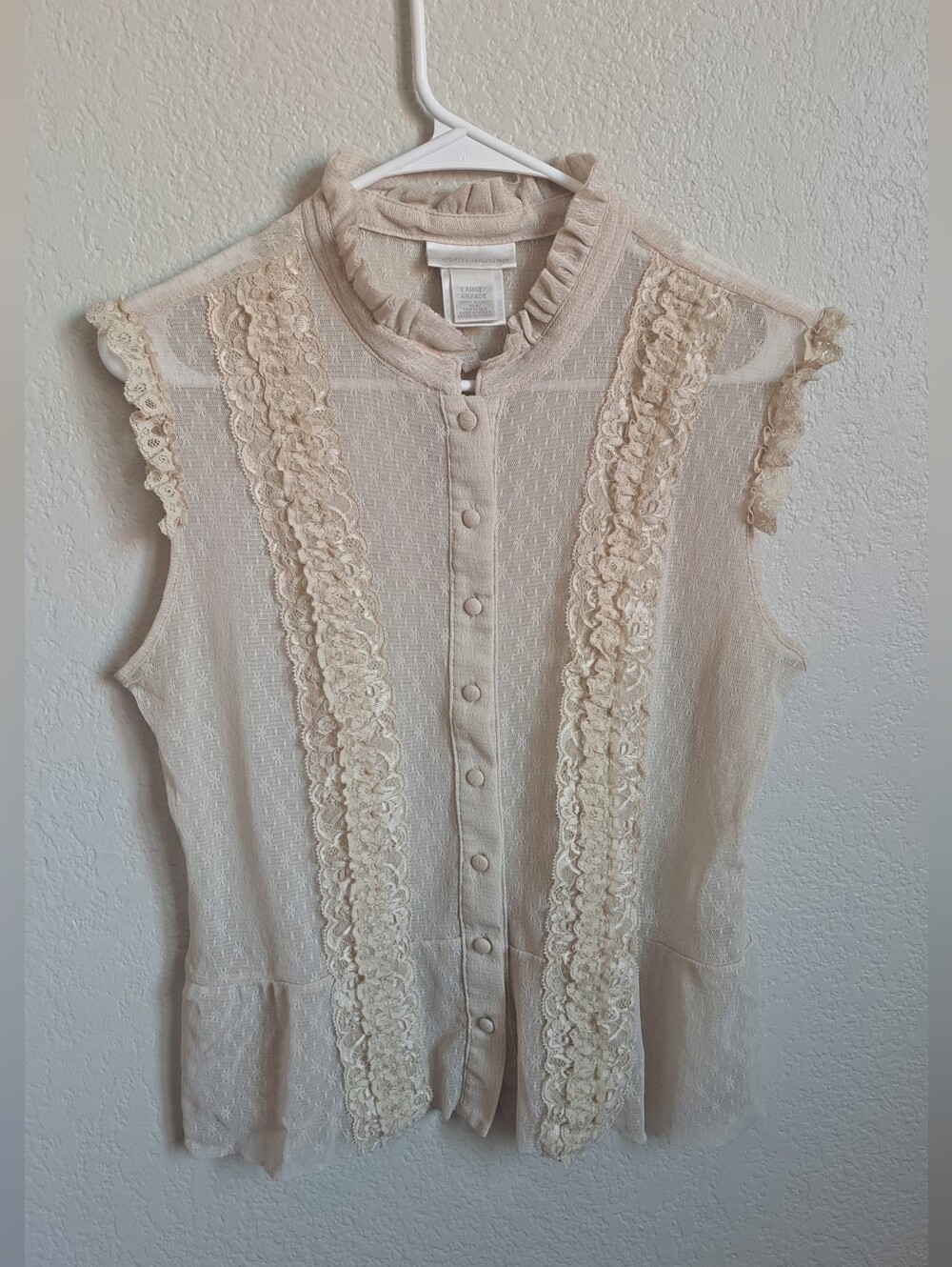 Worthington Vintage Cream Sheer Mesh Lace Ruffle Button Front Blouse Size Large